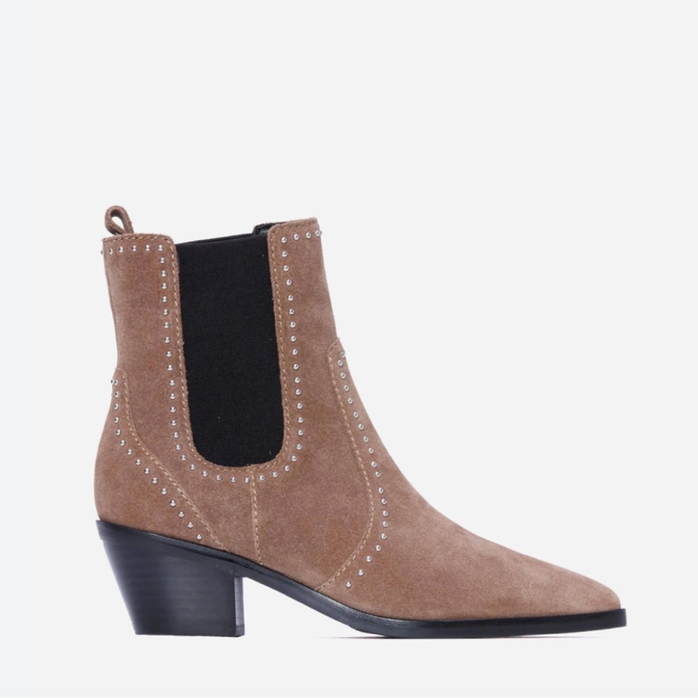 PAIGE Willa Bootie in Taupe Suede Studded, size 8